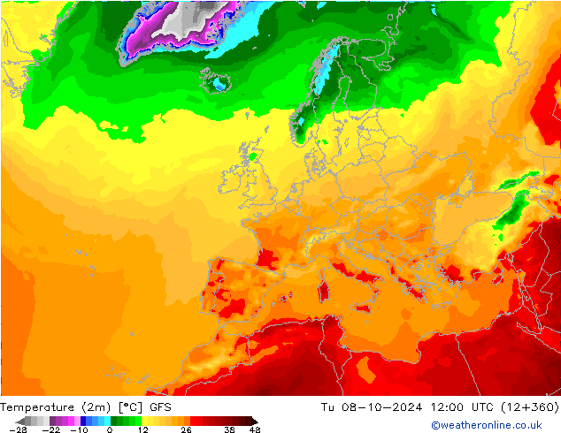 карта температуры GFS вт 08.10.2024 12 UTC