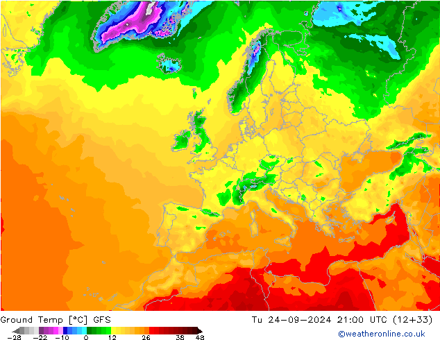 Ground Temp GFS Tu 24.09.2024 21 UTC