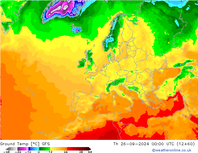 Temp. gruntu GFS czw. 26.09.2024 00 UTC