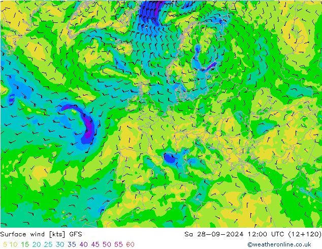 Wind 10 m GFS za 28.09.2024 12 UTC