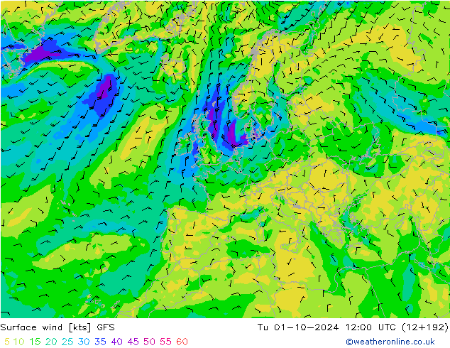 Surface wind GFS Út 01.10.2024 12 UTC