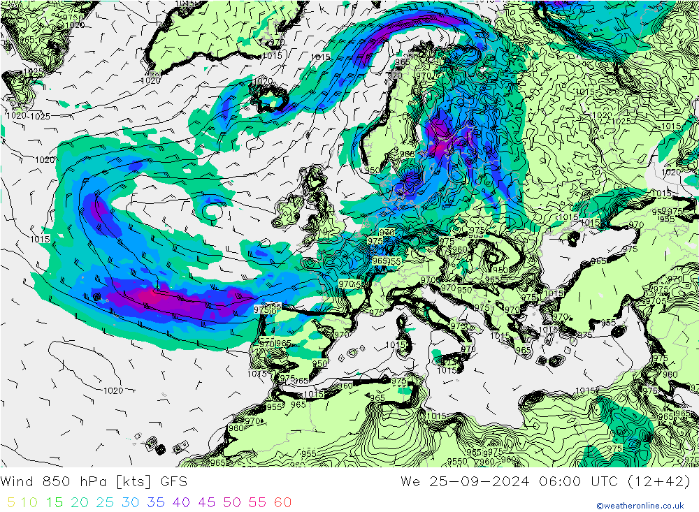 wiatr 850 hPa GFS śro. 25.09.2024 06 UTC