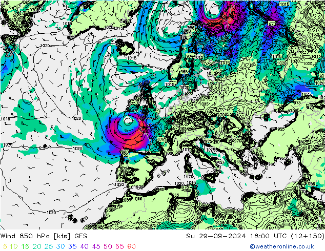 Wind 850 hPa GFS zo 29.09.2024 18 UTC