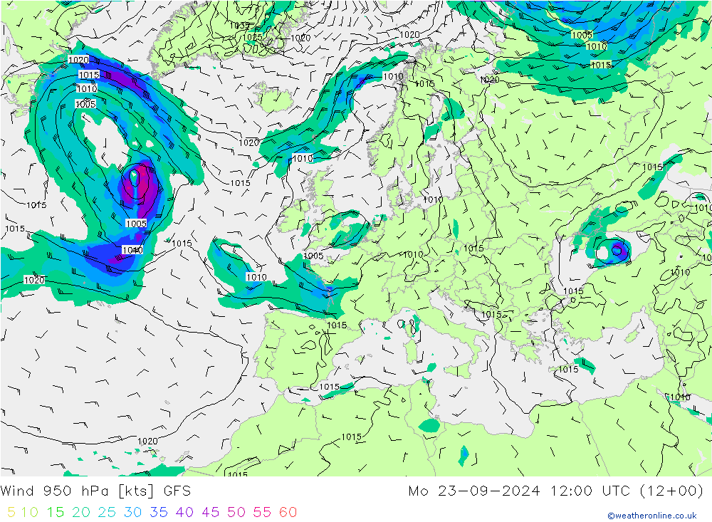 Wind 950 hPa GFS Mo 23.09.2024 12 UTC