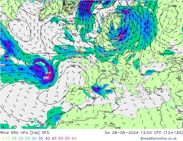 Viento 950 hPa GFS sáb 28.09.2024 12 UTC