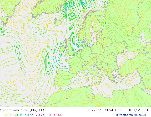 Ligne de courant 10m GFS ven 27.09.2024 06 UTC