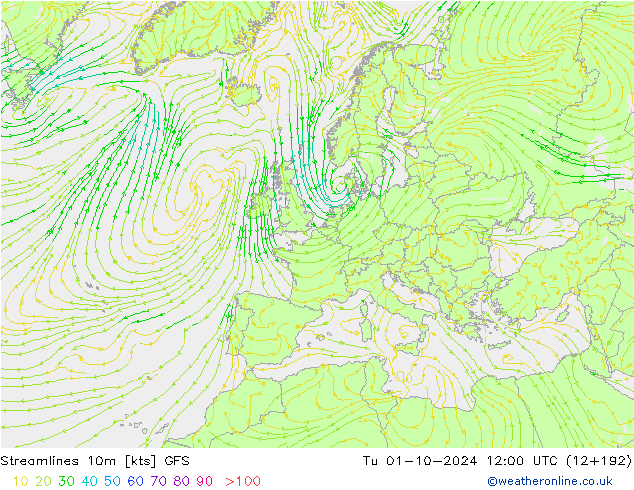 Stromlinien 10m GFS Di 01.10.2024 12 UTC