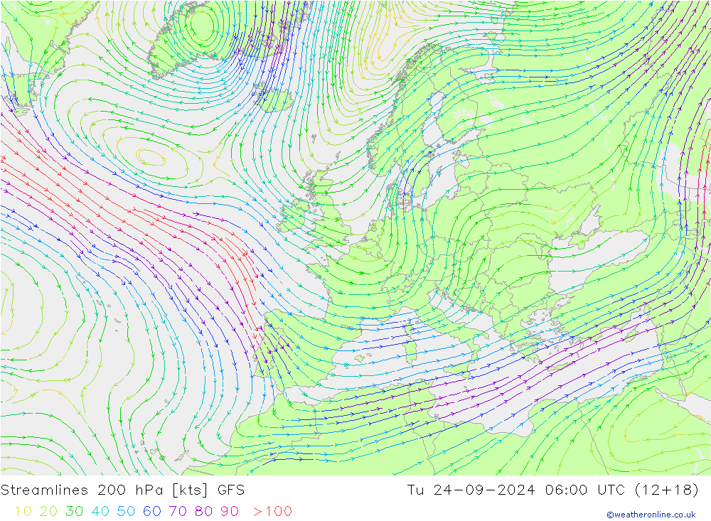 Línea de corriente 200 hPa GFS mar 24.09.2024 06 UTC