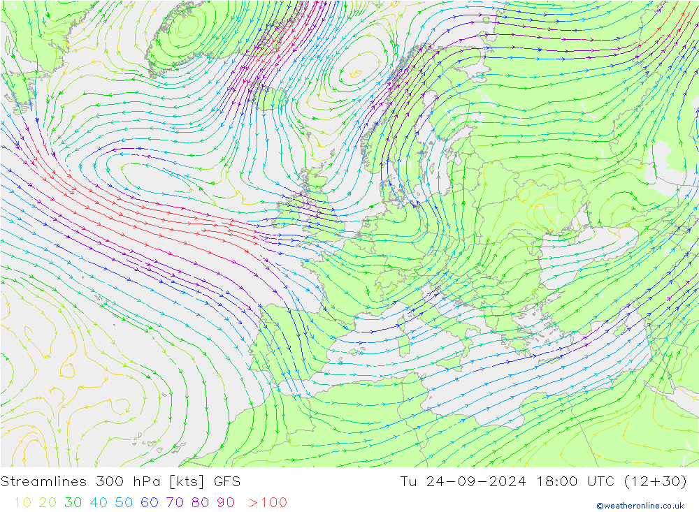 Línea de corriente 300 hPa GFS mar 24.09.2024 18 UTC