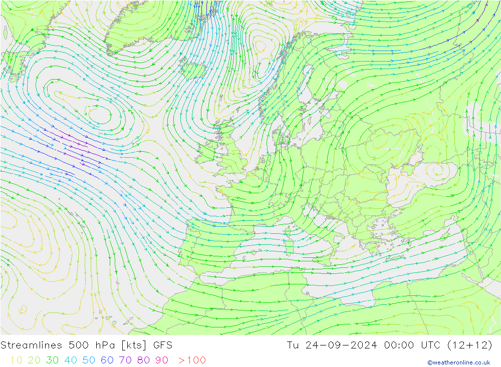 Linia prądu 500 hPa GFS wto. 24.09.2024 00 UTC