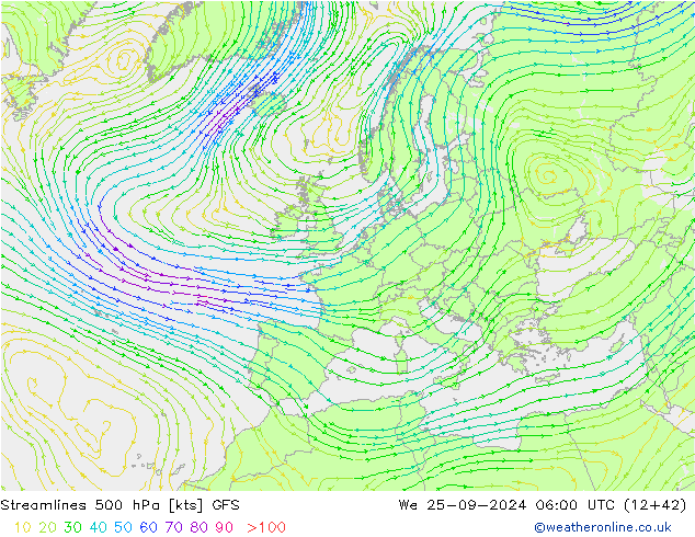 Línea de corriente 500 hPa GFS mié 25.09.2024 06 UTC