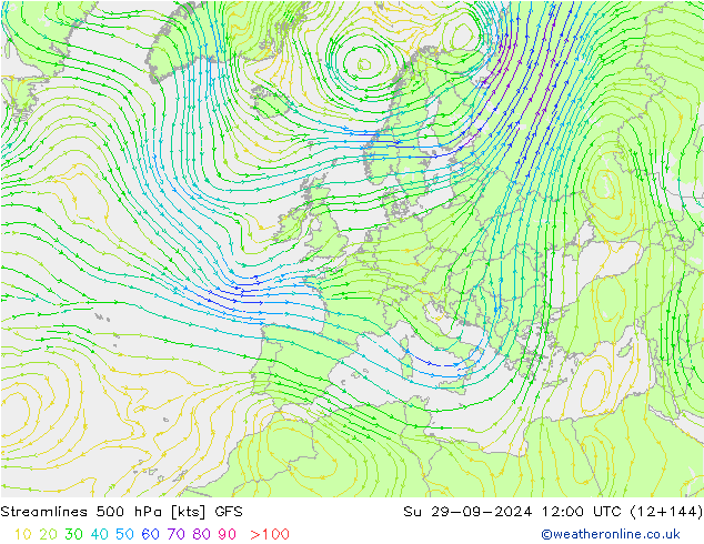 Stromlinien 500 hPa GFS So 29.09.2024 12 UTC