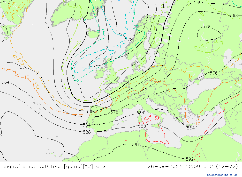 Z500/Rain (+SLP)/Z850 GFS Th 26.09.2024 12 UTC