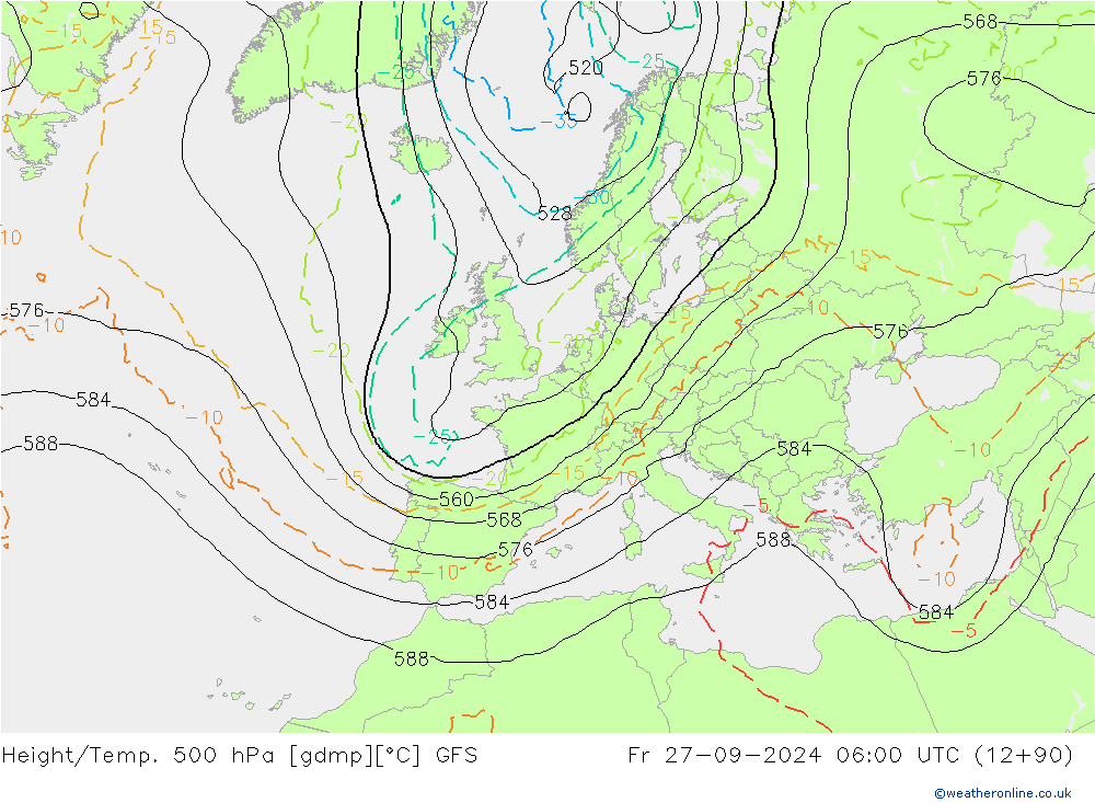 Hoogte/Temp. 500 hPa GFS vr 27.09.2024 06 UTC