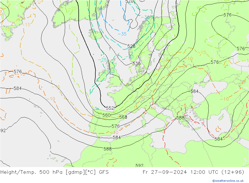 Z500/Rain (+SLP)/Z850 GFS ven 27.09.2024 12 UTC