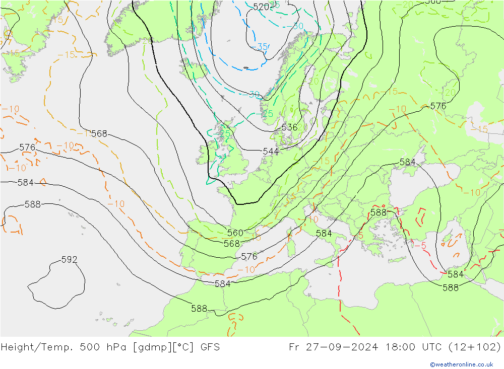 Height/Temp. 500 hPa GFS Sex 27.09.2024 18 UTC