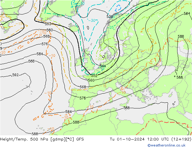 Z500/Rain (+SLP)/Z850 GFS wto. 01.10.2024 12 UTC