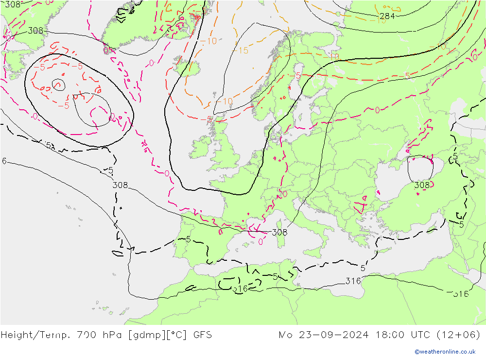 Height/Temp. 700 hPa GFS  23.09.2024 18 UTC