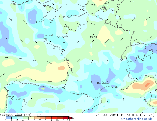  10 m (bft) GFS  24.09.2024 12 UTC