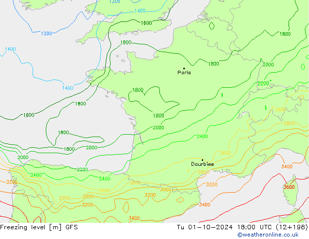 Freezing level GFS wto. 01.10.2024 18 UTC