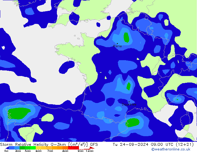 Storm Relative Helicity GFS  24.09.2024 09 UTC