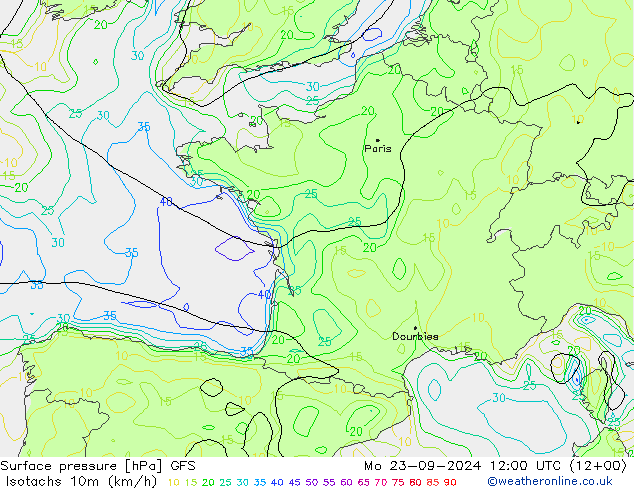 Isotachs (kph) GFS Mo 23.09.2024 12 UTC