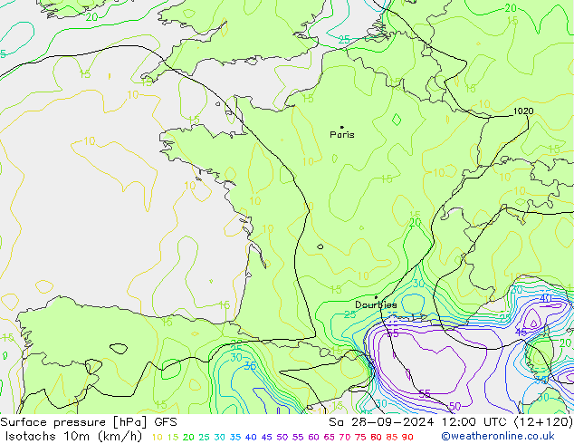 Isotachs (kph) GFS Sáb 28.09.2024 12 UTC