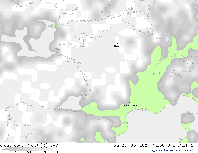 zachmurzenie (niskie) GFS śro. 25.09.2024 12 UTC