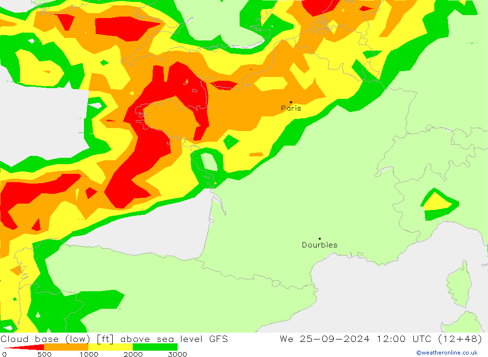 Cloud base (low) GFS We 25.09.2024 12 UTC