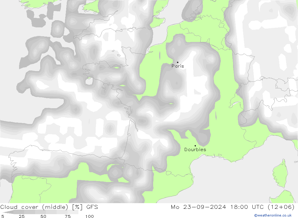 Cloud cover (middle) GFS Mo 23.09.2024 18 UTC