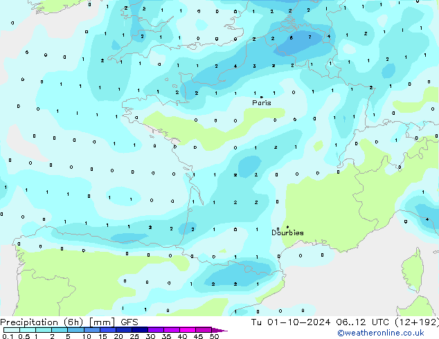 Precipitation (6h) GFS Tu 01.10.2024 12 UTC