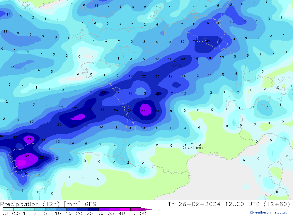 Precipitazione (12h) GFS gio 26.09.2024 00 UTC