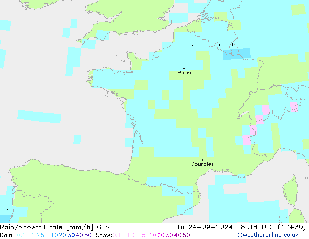 Rain/Snowfall rate GFS Tu 24.09.2024 18 UTC