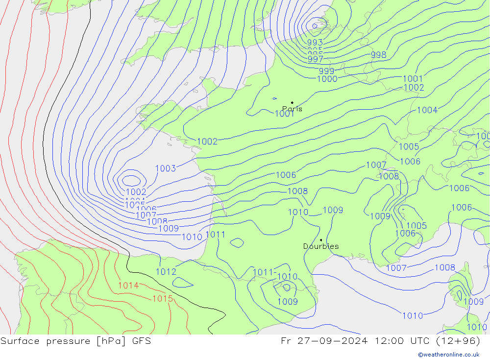 Presión superficial GFS vie 27.09.2024 12 UTC