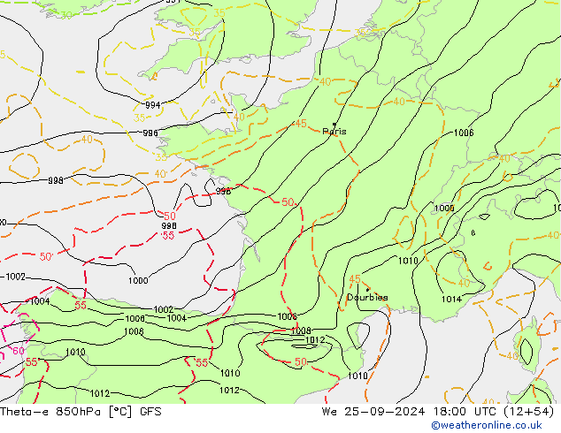 Theta-e 850hPa GFS  25.09.2024 18 UTC