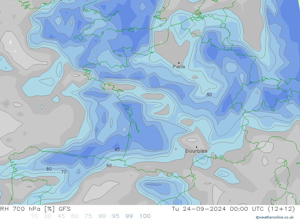 RH 700 hPa GFS Tu 24.09.2024 00 UTC