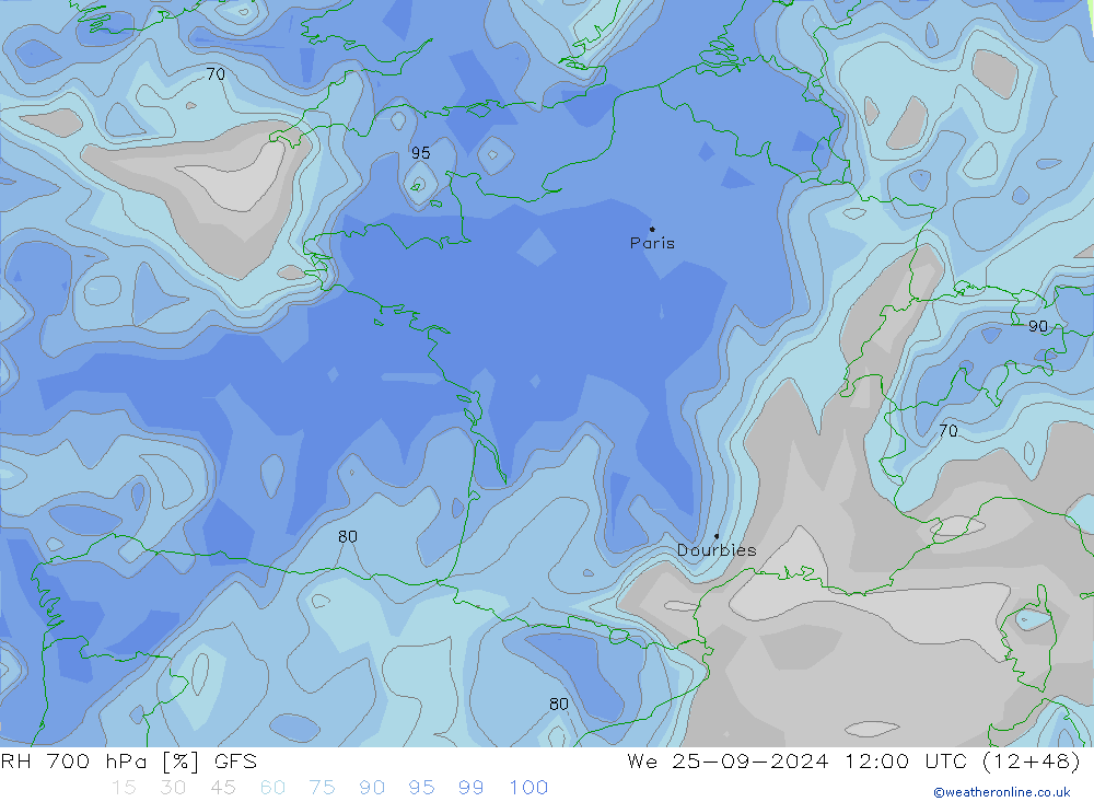 RH 700 hPa GFS Mi 25.09.2024 12 UTC