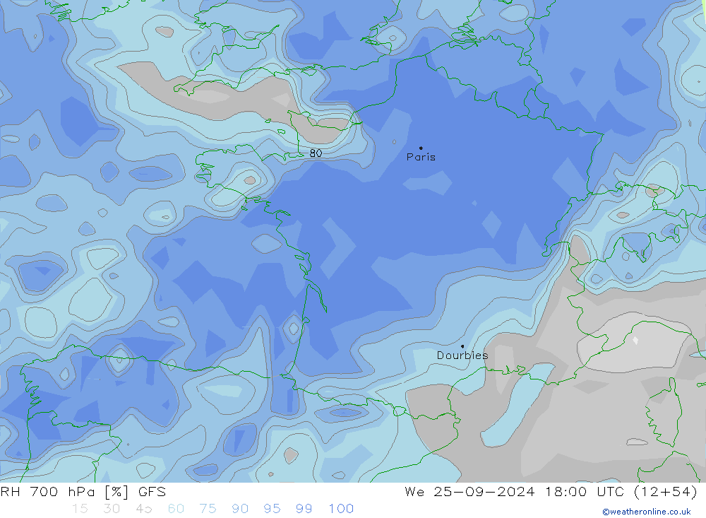 700 hPa Nispi Nem GFS Çar 25.09.2024 18 UTC