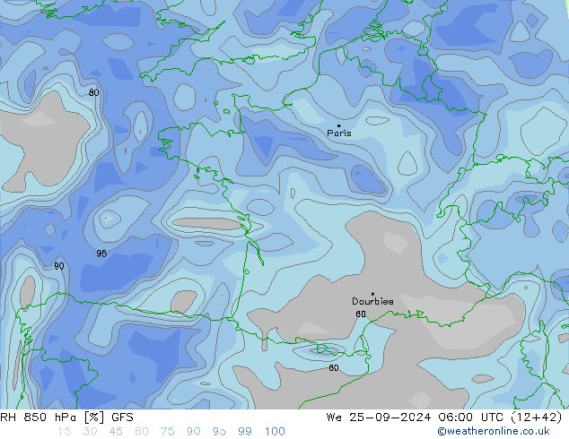 RH 850 гПа GFS ср 25.09.2024 06 UTC