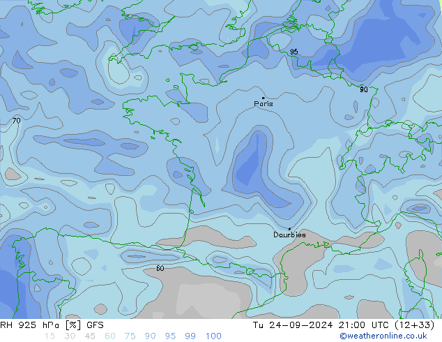 RH 925 hPa GFS Tu 24.09.2024 21 UTC