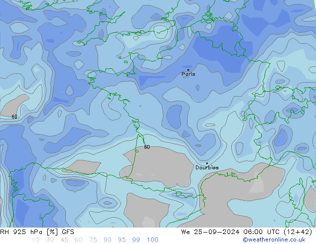 Humidité rel. 925 hPa GFS mer 25.09.2024 06 UTC