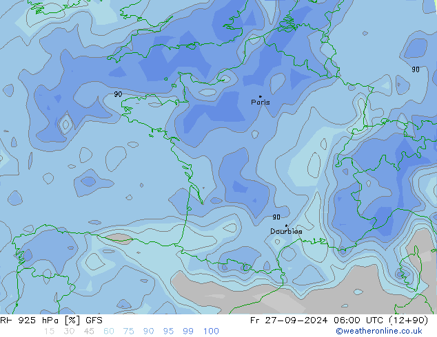 RH 925 hPa GFS ven 27.09.2024 06 UTC