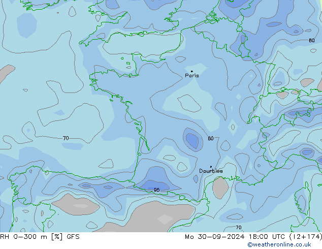 Humedad rel. 0-300m GFS lun 30.09.2024 18 UTC