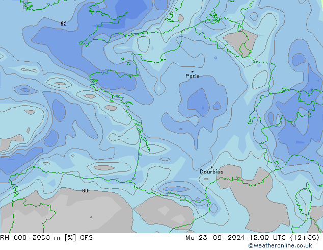 RH 600-3000 m GFS Mo 23.09.2024 18 UTC