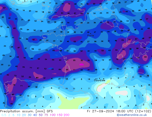 Precipitation accum. GFS ven 27.09.2024 18 UTC