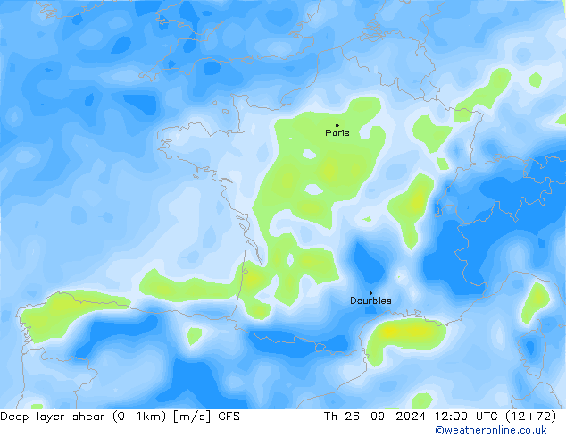 Deep layer shear (0-1km) GFS Th 26.09.2024 12 UTC