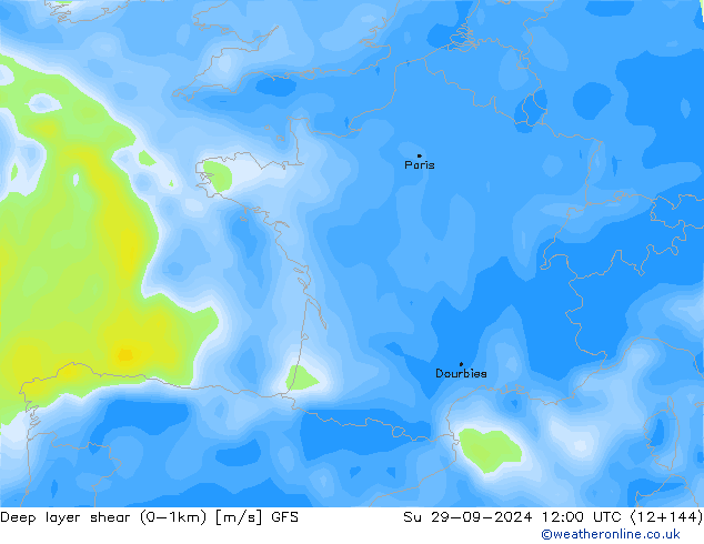 Deep layer shear (0-1km) GFS Paz 29.09.2024 12 UTC