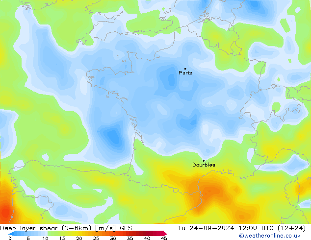 Deep layer shear (0-6km) GFS September 2024