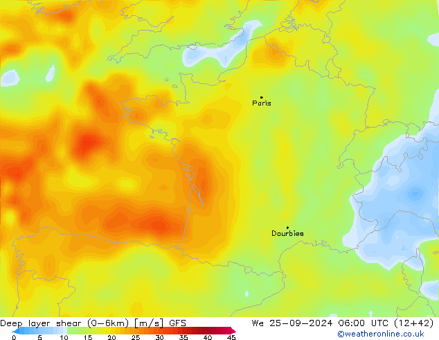 Deep layer shear (0-6km) GFS mer 25.09.2024 06 UTC