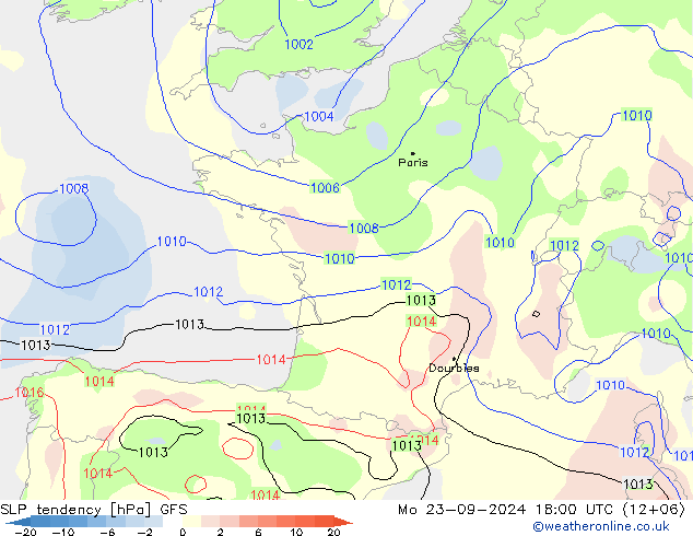 SLP tendency GFS Mo 23.09.2024 18 UTC